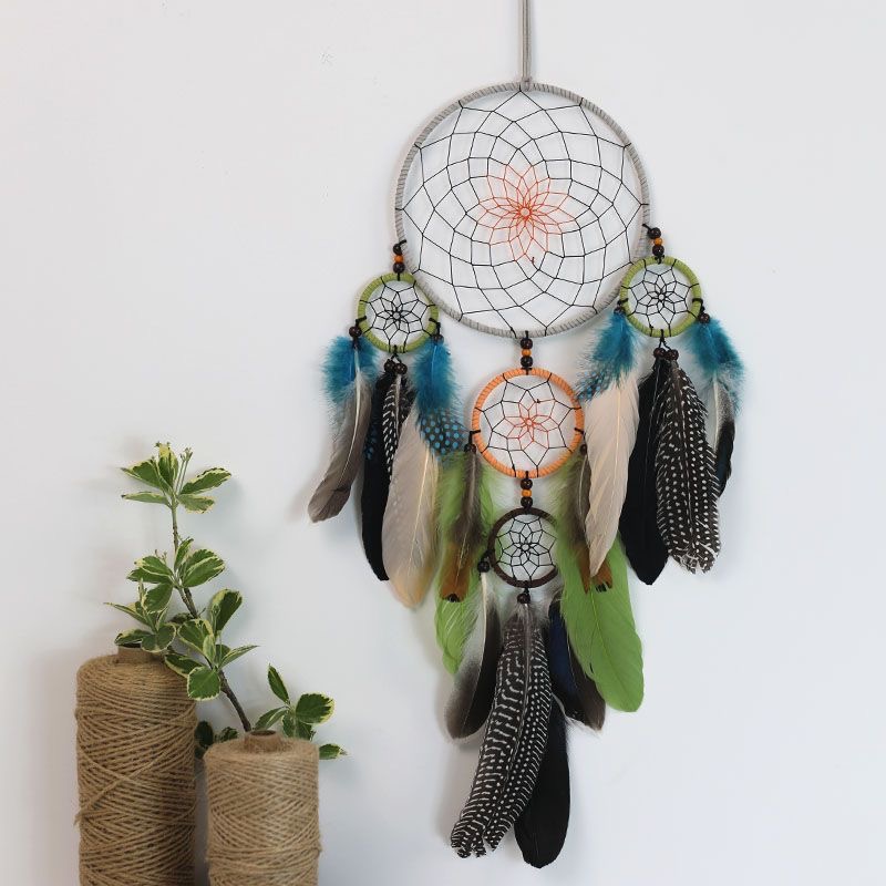 Home Textiles & Decorations - Attrape-rêves vintage multi-cercles en plumes, ornement